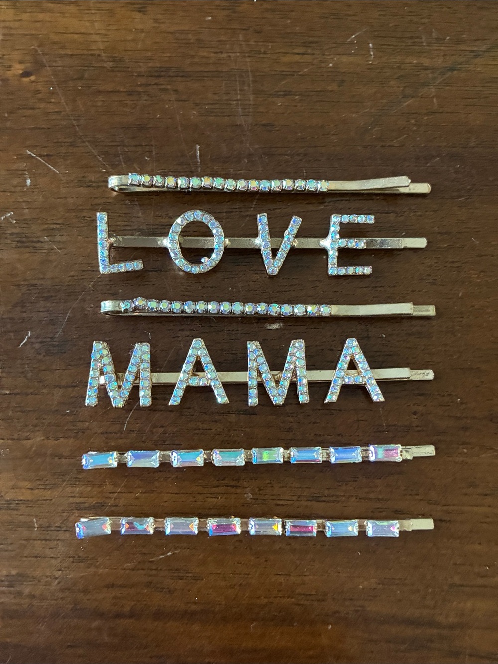 Gold Iridescent Rhinestone Hair Clips / Pins, Set of 6 —  “LOVE”, “MAMA”